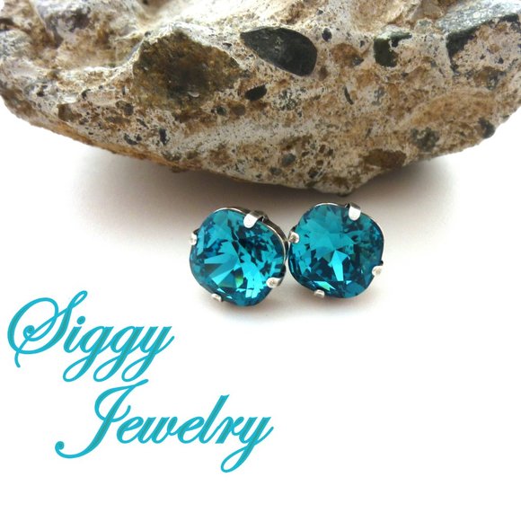 Swarovski Crystal Indicolite Cushion Cut Solitaire Stud Earrings, Teal Blue 10mm - Picture 5 of 6